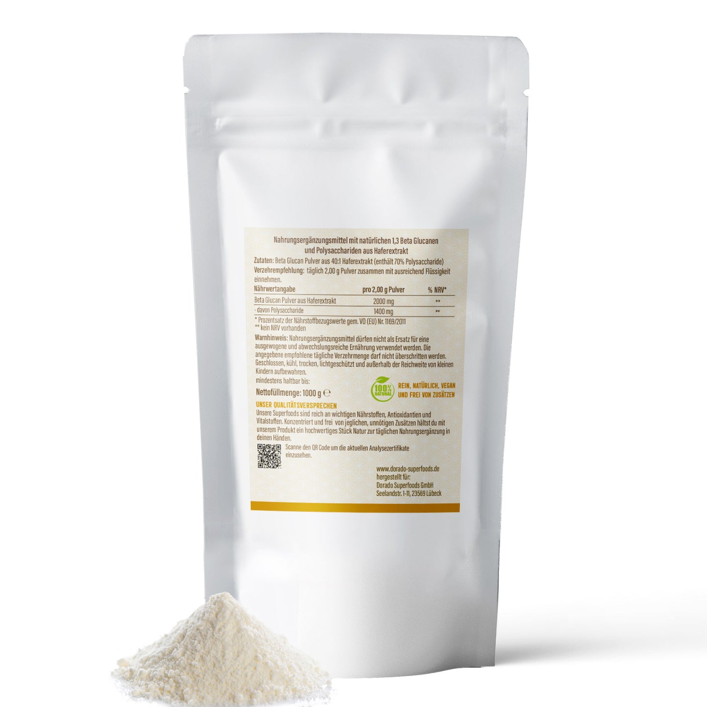 Beta Glucan Pulver 70 % - 1000 g Großpackung, aus Haferextrakt