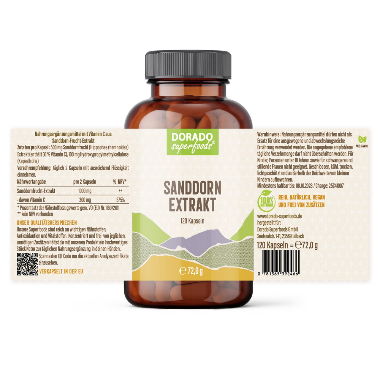 Sanddorn Extrakt Kapseln – 500 mg Frucht – 30% Vitamin C | 120 Stück – 2 Monatsvorrat