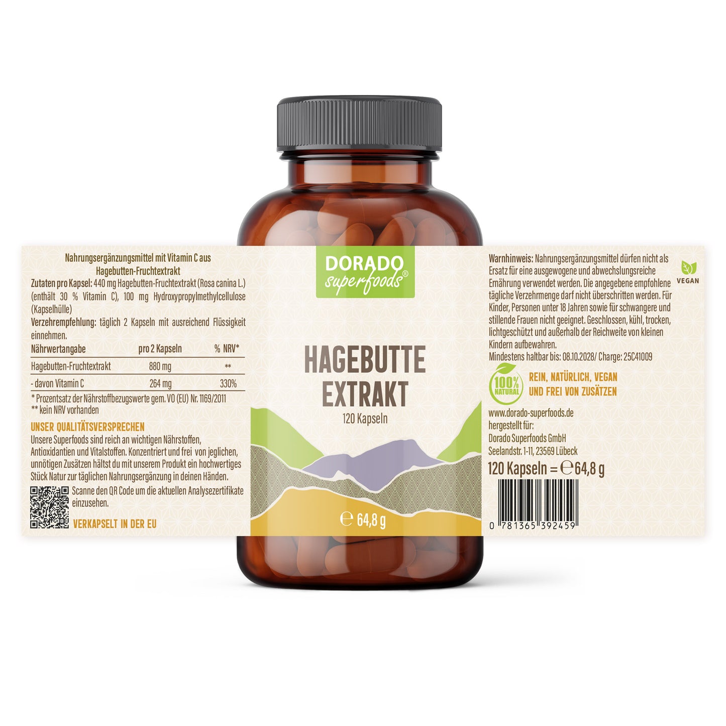 Hagebutte Extrakt Kapseln –  440 mg Frucht  – 30% Vitamin C | 120 Stück – 2 Monatsvorrat