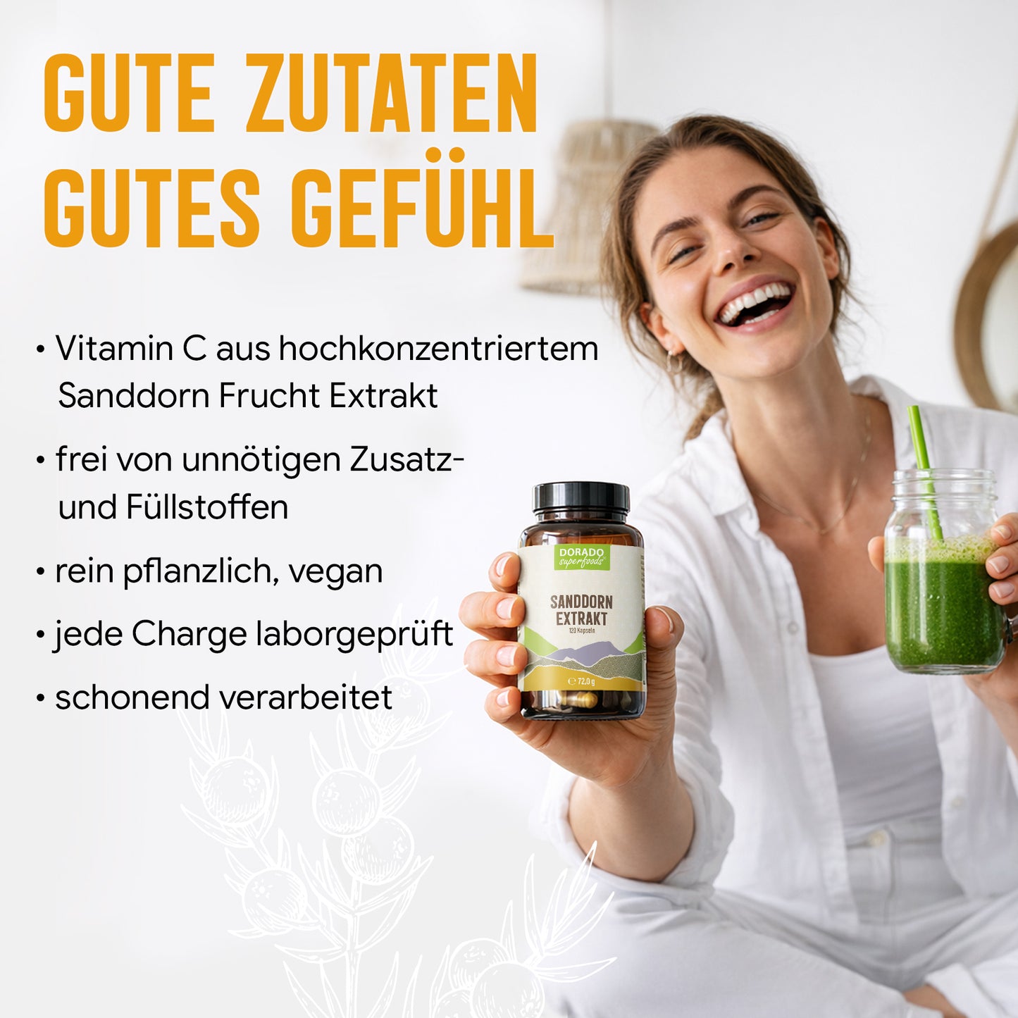 Sanddorn Extrakt Kapseln –  500 mg Frucht  – 30% Vitamin C | 120 Stück – 2 Monatsvorrat