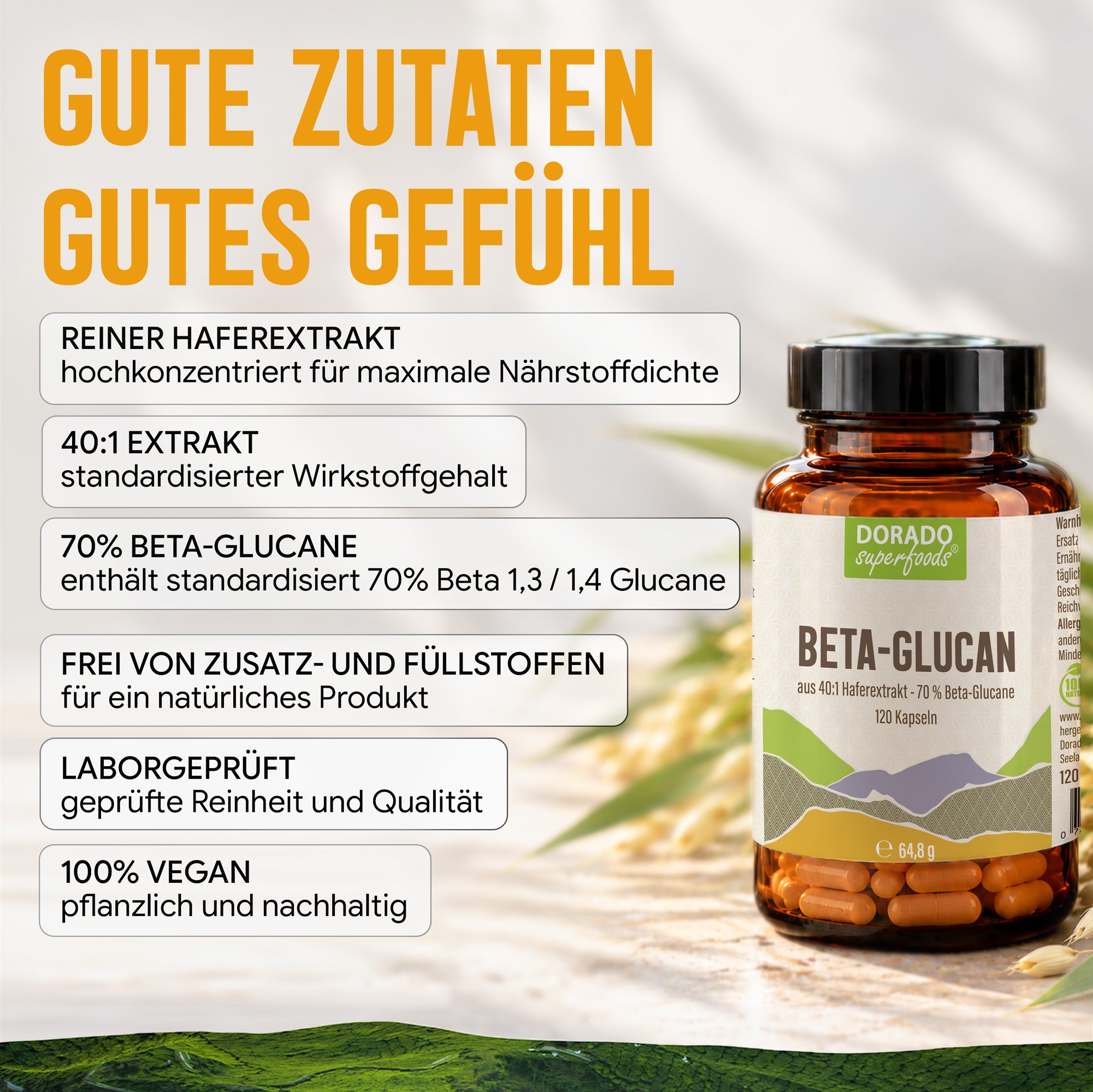 Beta Glucan Kapseln hochdosiert | 440mg | 40:1 Extrakt | 70% Beta-Glucane | 120 vegane Kapseln