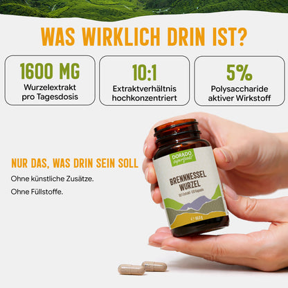 Brennnesselwurzel Kapseln hochdosiert | 400mg | 10:1 Extrakt | 120 vegane Kapseln