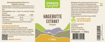Hagebutte Extrakt Kapseln –  440 mg Frucht  – 30% Vitamin C | 120 Stück – 2 Monatsvorrat