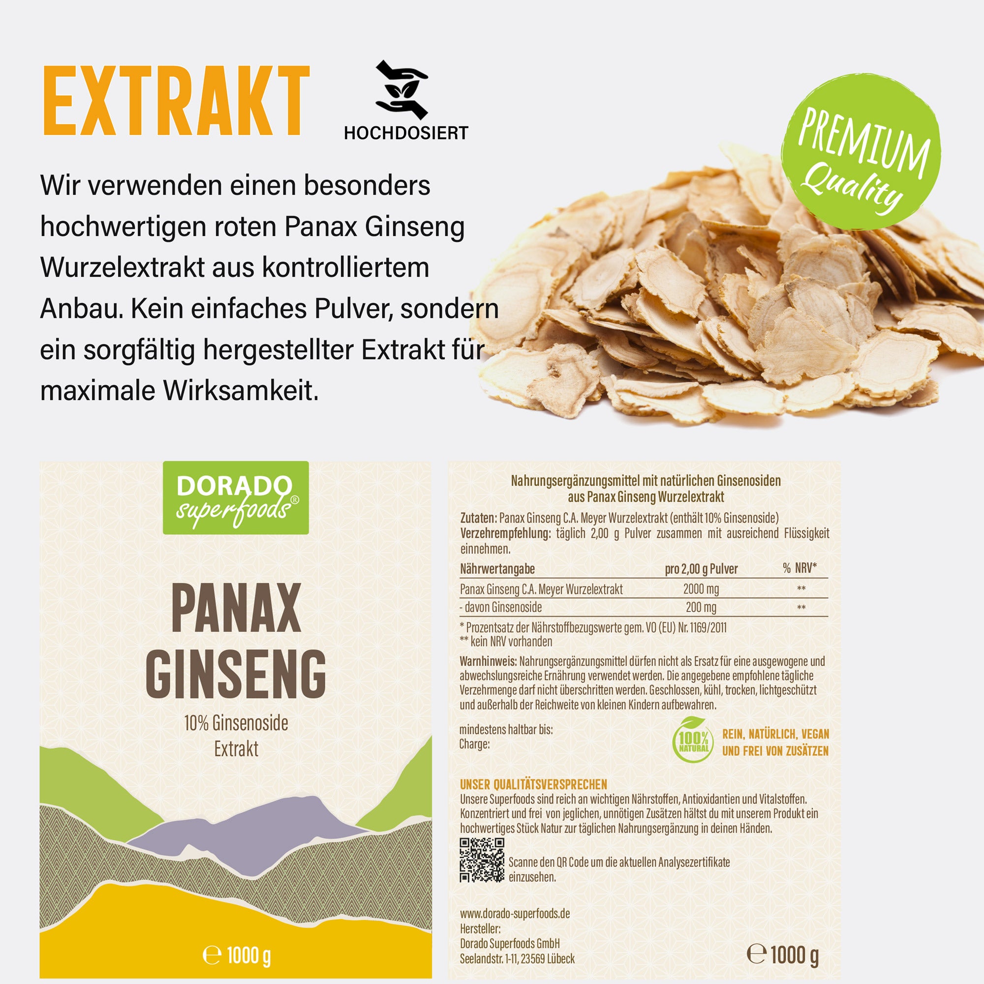 Panax Ginseng Wurzelpulver aus Extrakt – 1000 g – 10 % Ginsenoside