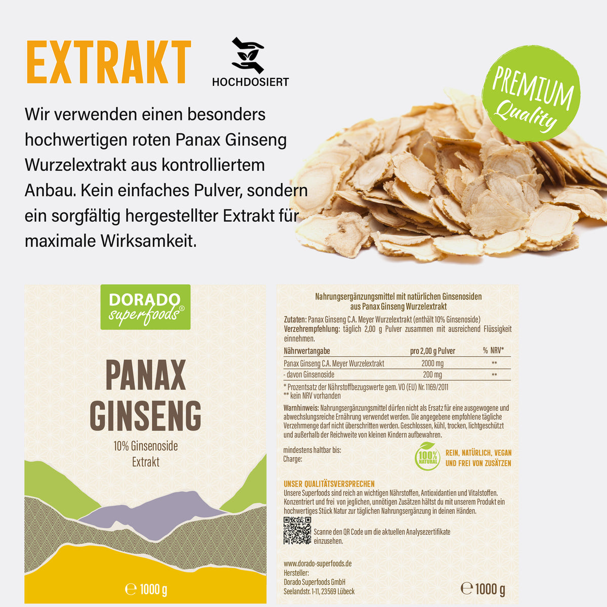 Panax Ginseng Wurzelpulver aus Extrakt – 1000 g – 10 % Ginsenoside
