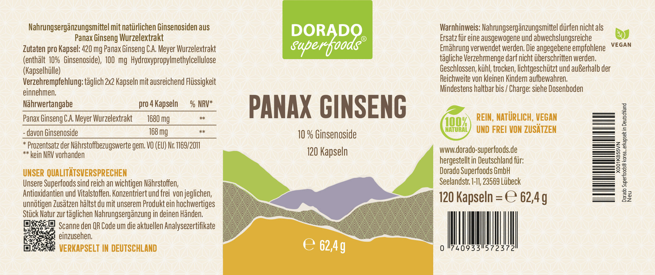 Panax Ginseng Kapseln hochdosiert | 420mg Extrakt | 10% Ginsenoside | 120 vegane Kapseln