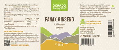 Panax Ginseng Kapseln hochdosiert | 420mg Extrakt | 10% Ginsenoside | 120 vegane Kapseln