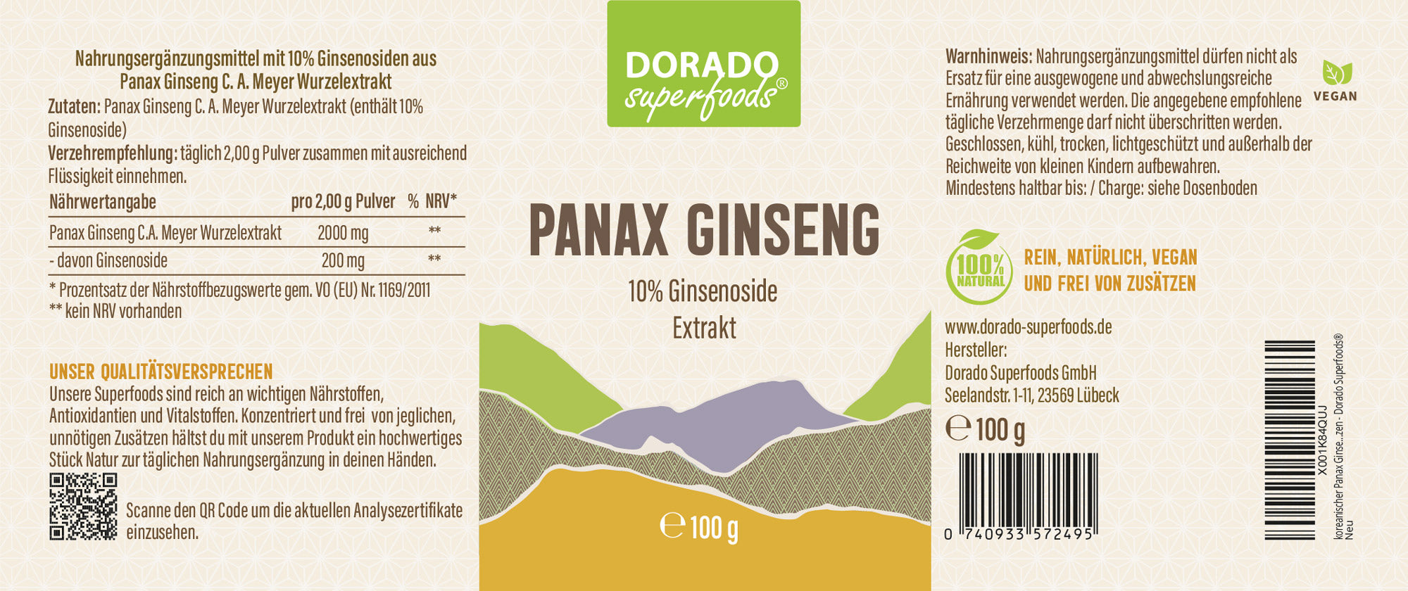 Panax Ginseng Extrakt Pulver | 10:1 hochkonzentriert | 10% Ginsenoside | 100g | ohne Zusatzstoffe
