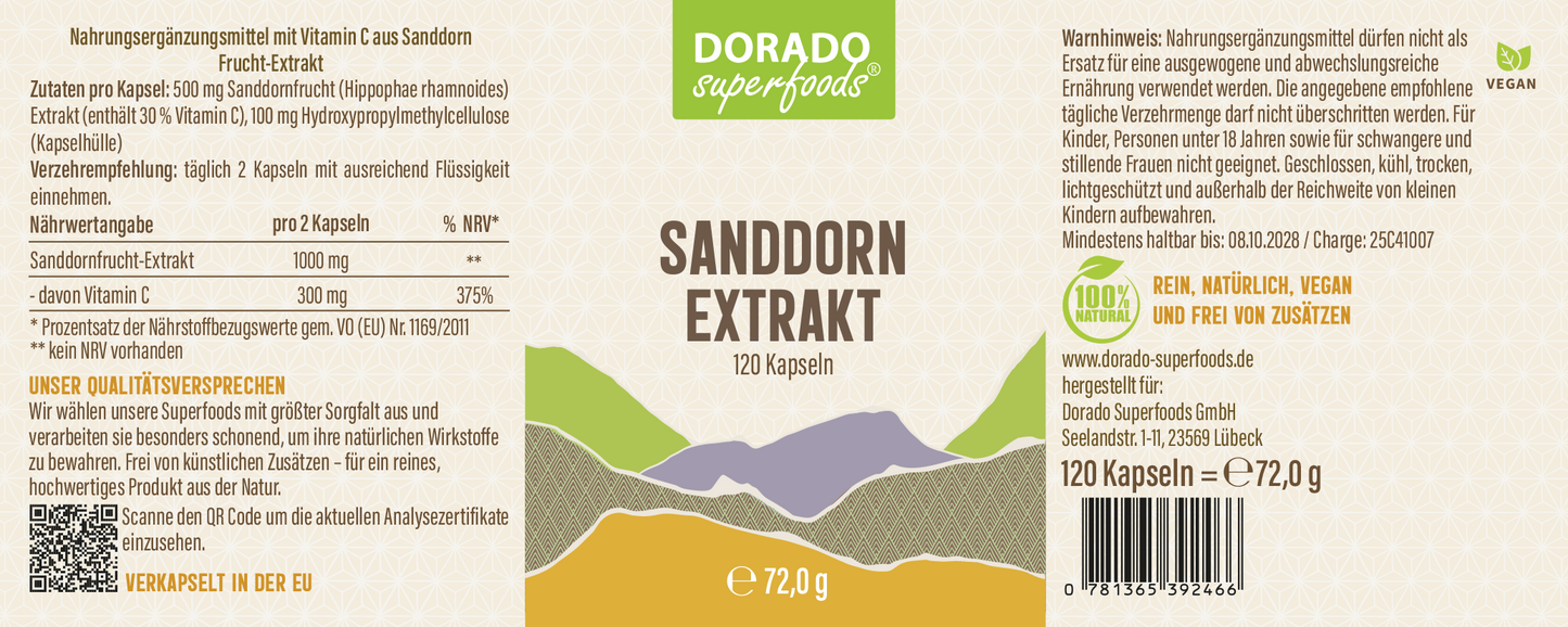 Sanddorn Extrakt Kapseln –  500 mg Frucht  – 30% Vitamin C | 120 Stück – 2 Monatsvorrat