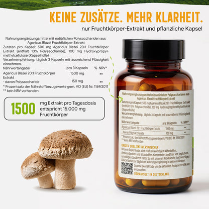 Agaricus Blazei Extrakt Kapseln hochdosiert | 500mg | 20:1 Extrakt | 120 vegane Kapseln | Vitalpilz