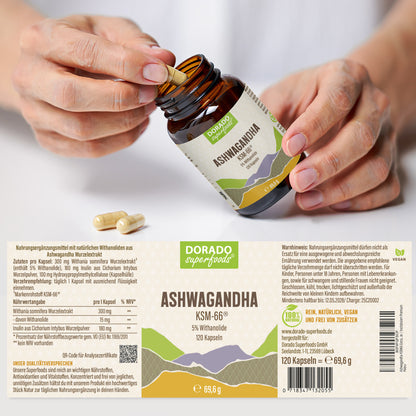 Ashwagandha KSM66 Extrakt Kapseln 5% Withanolide - 120 Stück, 300 mg Tagesportion
